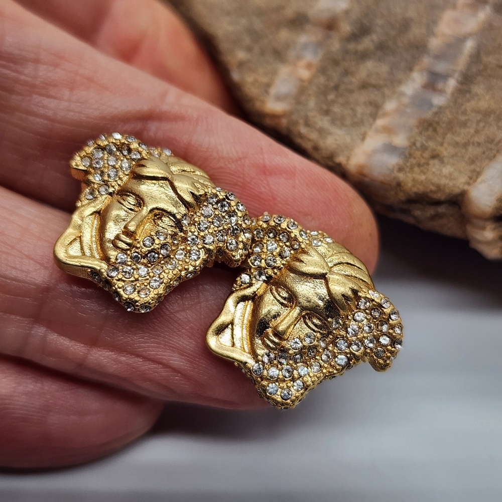 LARGE VERSACE MEDUSA HEAD GOLD STUD EARRINGS WITH CRYSTALS - Picture 4 of 9